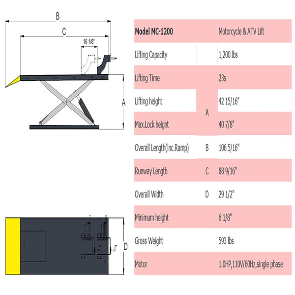 AMGO MC-1200 Motorcycle Lift – 1200 lb ATV Jack specifications