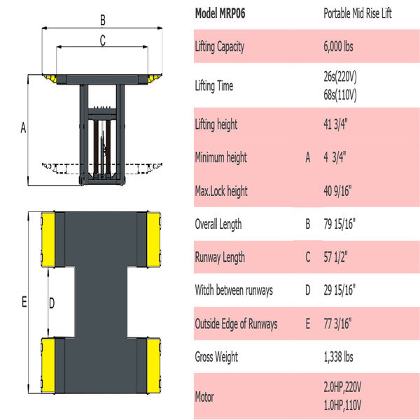 AMGO MRP06 Portable Mid Rise Car Lift 6,000 lb Cap specifications