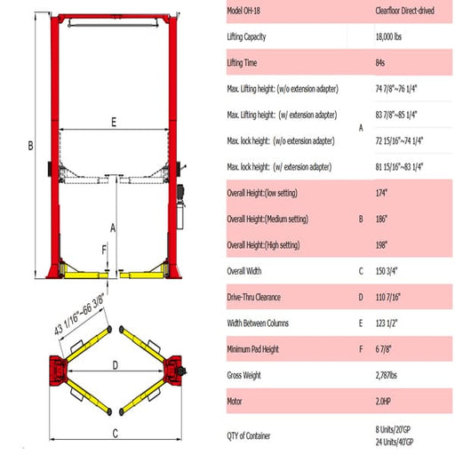AMGO OH-18 2-Post Heavy Duty Car Lift 18,000 lbs full product specifications