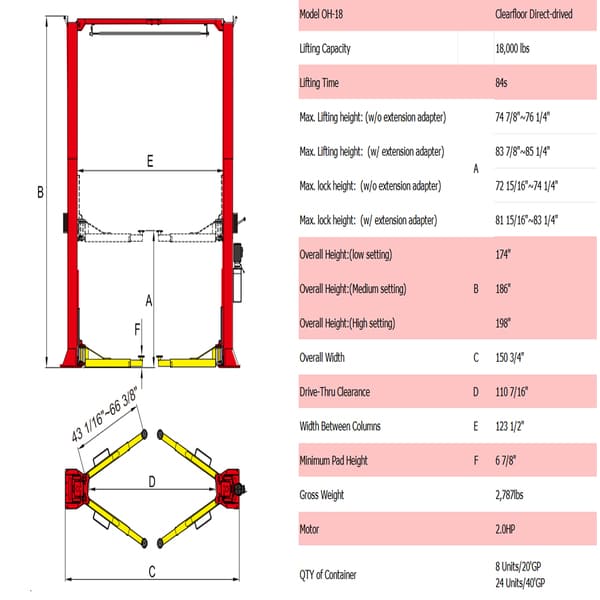 AMGO OH-18 2-Post Heavy Duty Car Lift 18,000 lbs full product specifications