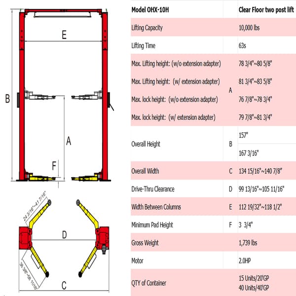 AMGO OHX-10H 10K High-Rise 2-Post Car Lift 14ft Max full product specifications