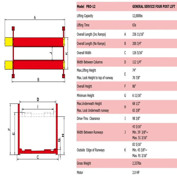 AMGO PRO-12 4-Post Lift – 12,000lb Vehicle Capacity full specs