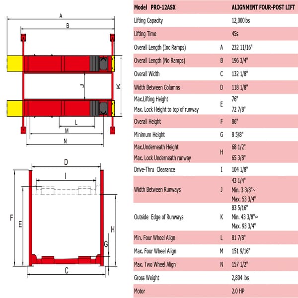 AMGO PRO-12ASX Alignment Lift | 12K lb 4 Post Car Lift full specifications