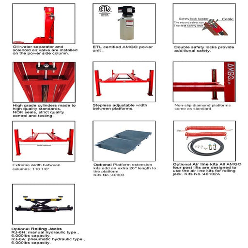 AMGO PRO-12SX 4 Post Car Lift | 12K lb Drive-Thru Width detailed images