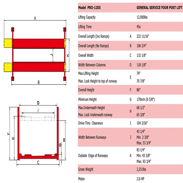 AMGO PRO-12SX 4 Post Car Lift | 12K lb Drive-Thru Width full specifications