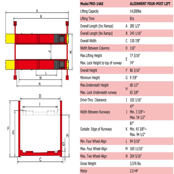 AMGO PRO-14AE 4 Post Lift for Alignment & Service specifications