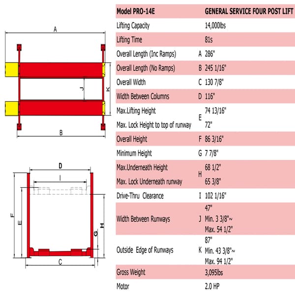 AMGO PRO-14E Extended Four Post Car Lift 14,000lb specifications
