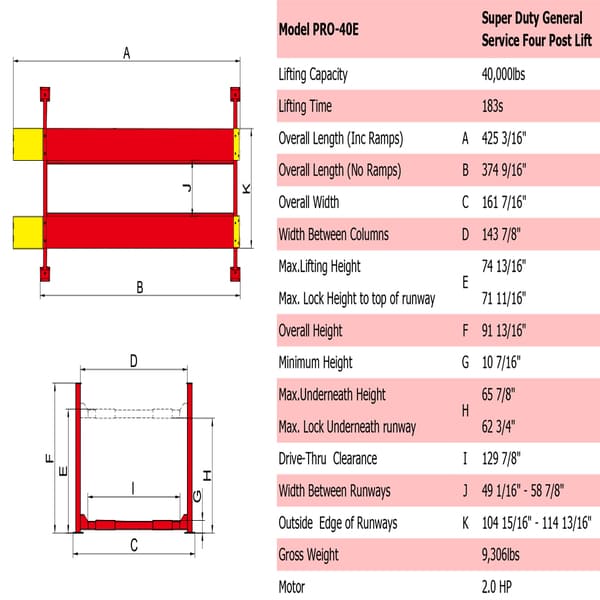 AMGO PRO-40E Super-Duty Four Post Car Lift 40000 lbs specs