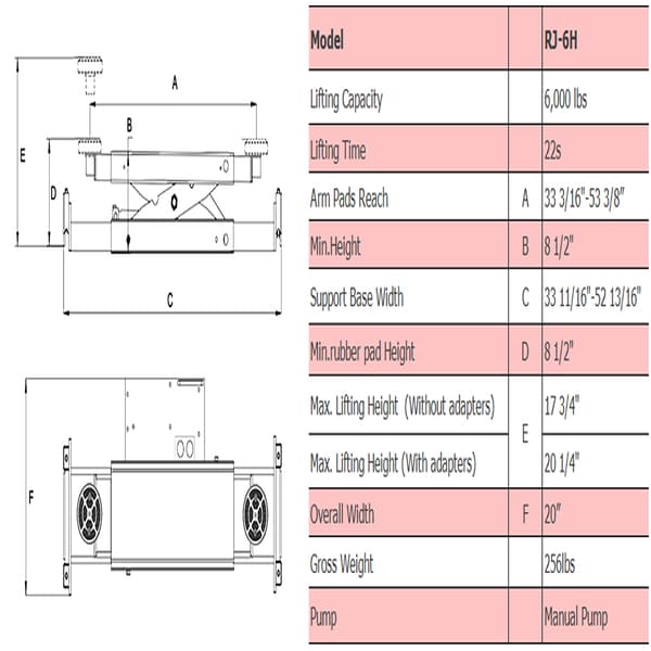 AMGO RJ-6H Hand Pump Rolling Jack – 6,000 lb Lift specifications