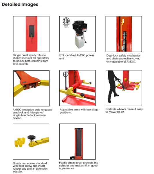 Close-Up View of AMGO SML-7 Lift Features Including Arm Lock, Safety Mechanism, and Hydraulic Cylinder