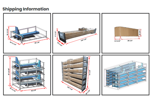 Set of shipping containers with dimensions labeled on a white background