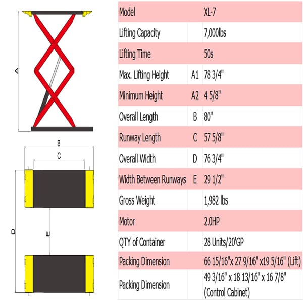 AMGO XL-7 7,000 lb Low Profile Scissor Car Lift specs