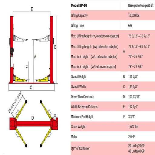 AMGO BP-10 10K Base Plate Car Lift | Heavy Duty Lift full product specs