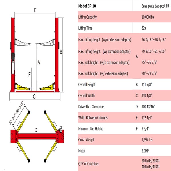 AMGO BP-10 10K Base Plate Car Lift | Heavy Duty Lift full product specs