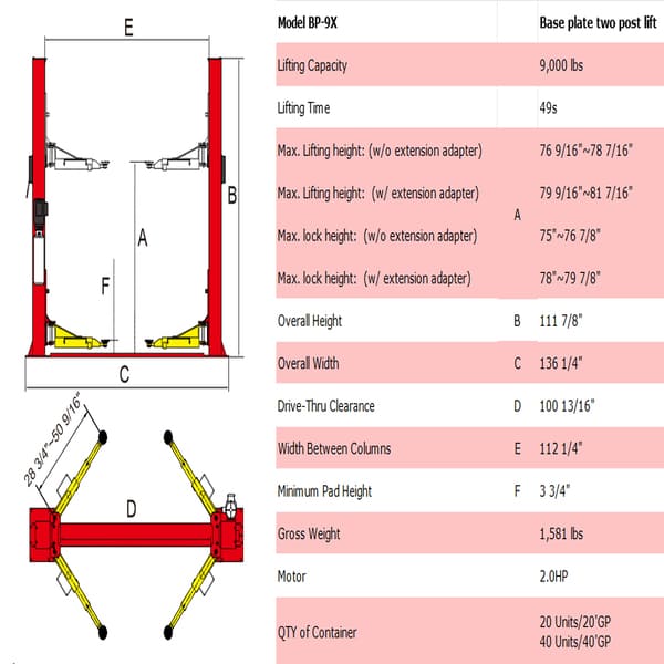 AMGO BP-9X Base Plate Car Lift - Full specifications