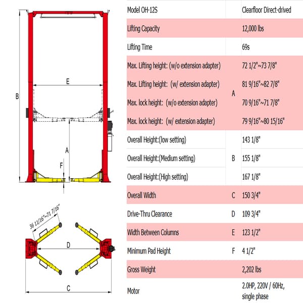 AMGO OH-12S 12K Low Ceiling 2-Post Lift | Adjustable