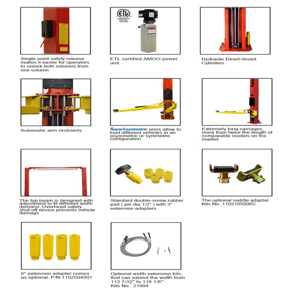 AMGO OHX-10 10,000lb 2-Post Lift with Super Asymmetry detailed images