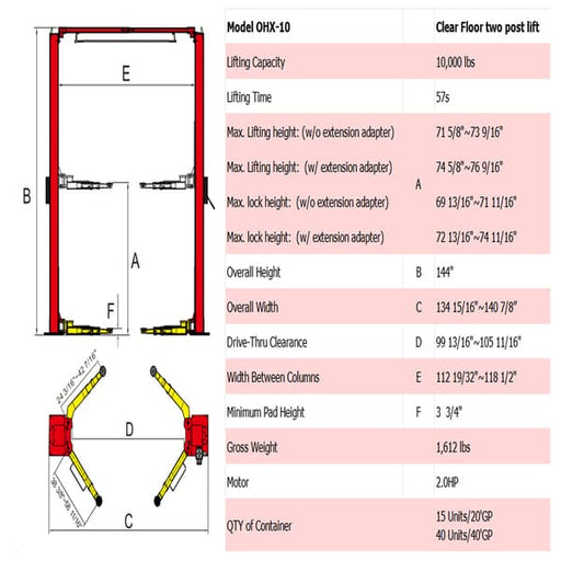 AMGO OHX-10 10,000lb 2-Post Lift with Super Asymmetry full product specifications