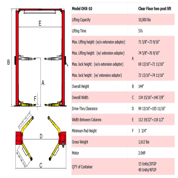 AMGO OHX-10 10,000lb 2-Post Lift with Super Asymmetry full product specifications