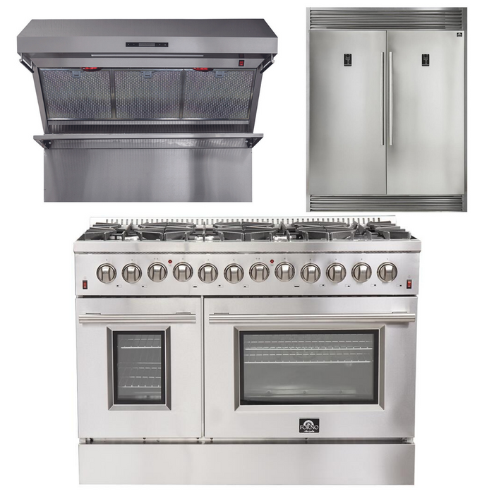 Forno Appliance Package - 48 Inch Dual Fuel Range, Wall Mount Range Hood, 60 Inch Refrigerator, FBDL-017-02US