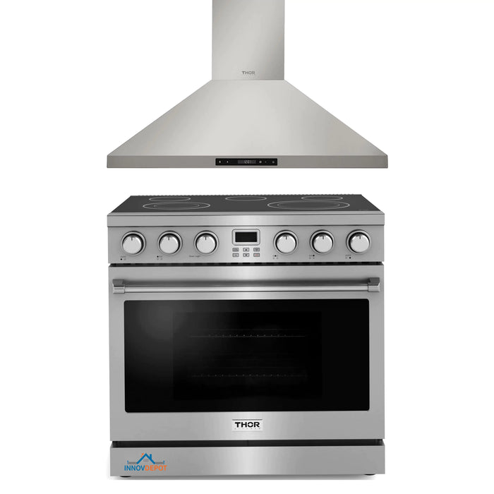 Thor Kitchen 2-Piece Appliance Package - 36-Inch Electric Range and Wall Mount Range Hood in Stainless Steel