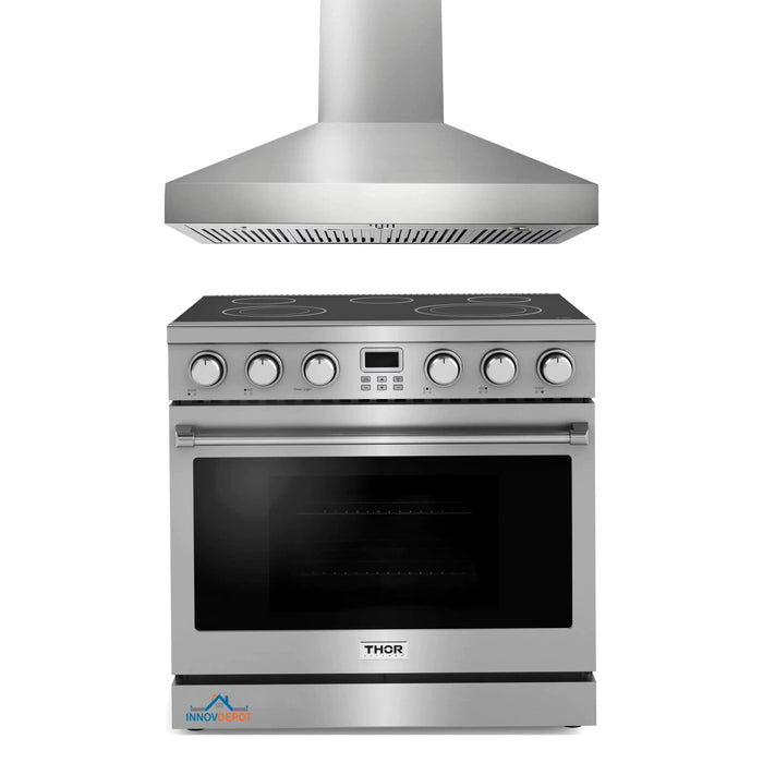 Thor Kitchen 2-Piece Appliance Package - 36-Inch Electric Range and Pro-Style Wall Mount Range Hood in Stainless Steel