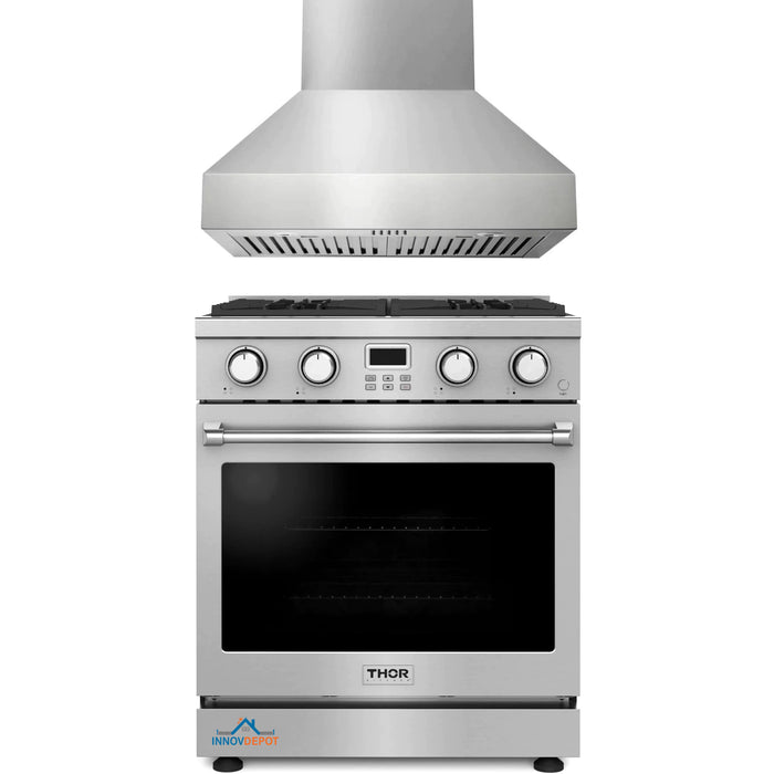 Thor Kitchen 2-Piece Appliance Package - 30-Inch Gas Range and Pro-Style Wall Mount Range Hood in Stainless Steel