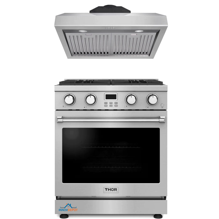 Thor Kitchen 2-Piece Appliance Package - 30-Inch Gas Range and Under Cabinet Range Hood in Stainless Steel