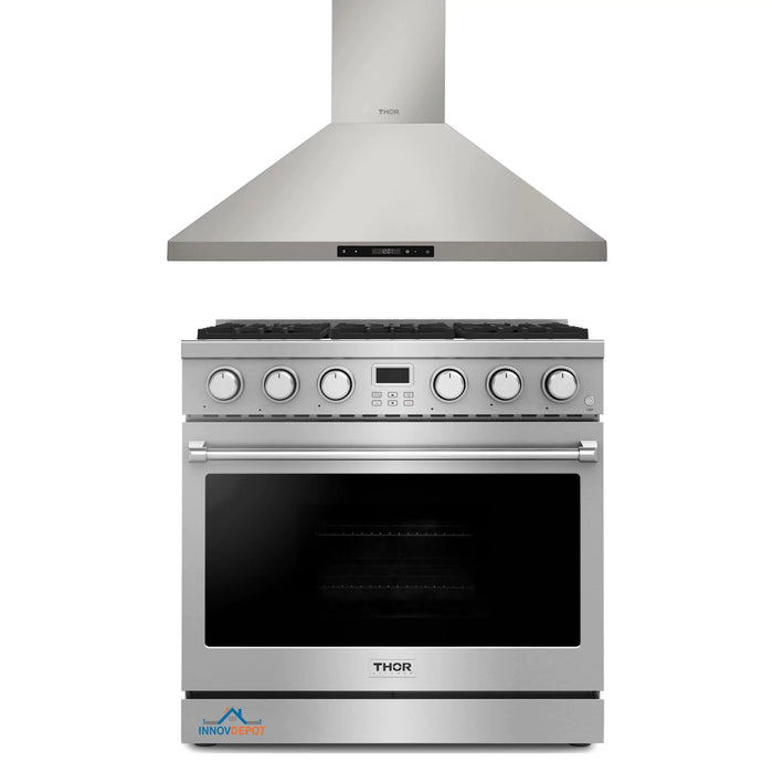 Thor Kitchen 2-Piece Appliance Package - 36-Inch Gas Range and Wall Mount Range Hood in Stainless Steel