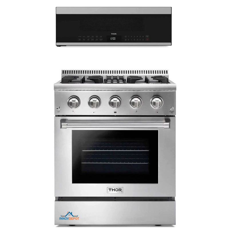 Thor Kitchen 2-Piece Appliance Package - 30-Inch Dual Fuel Range and Over-the-Range Microwave & Vent Hood in Stainless Steel