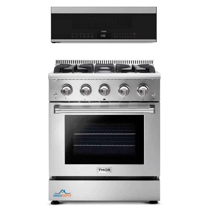 Thor Kitchen 2-Piece Appliance Package - 30-Inch Gas Range and Over-the-Range Microwave & Vent Hood in Stainless Steel