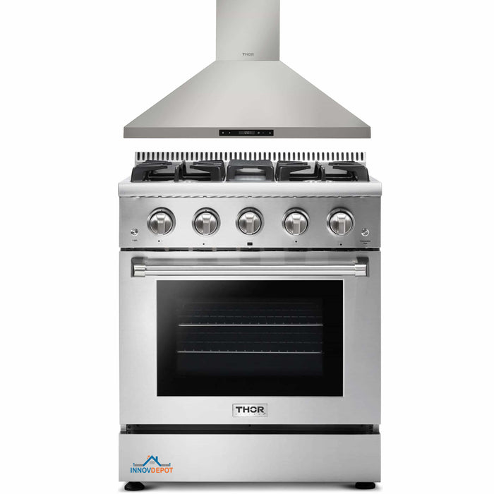 Thor Kitchen 2-Piece Pro Appliance Package - 30-Inch Gas Range & Premium Wall Mount Hood in Stainless Steel