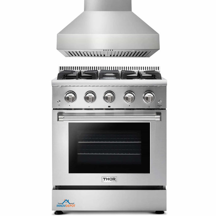 Thor Kitchen 2-Piece Pro Appliance Package - 30-Inch Gas Range & Pro-Style Wall Mount Hood in Stainless Steel