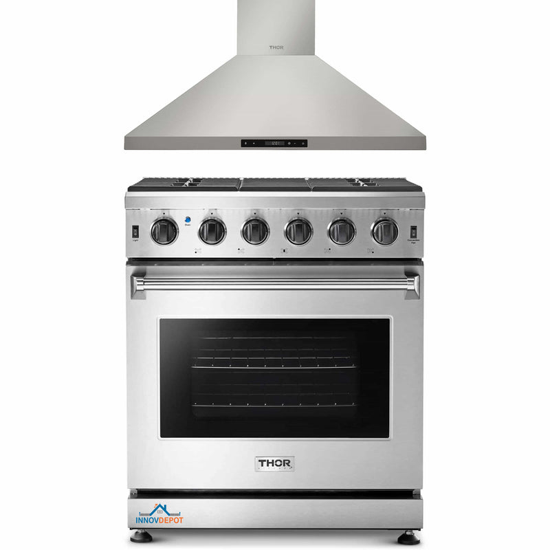 Thor Kitchen 2-Piece Appliance Package - 30-Inch Gas Range & Premium Wall Mounted Hood in Stainless Steel