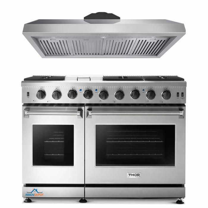 Thor Kitchen 2-Piece Appliance Package - 48-Inch Gas Range & Under Cabinet 11-Inch Tall Hood in Stainless Steel