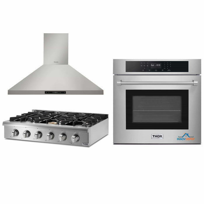 Thor Kitchen 3-Piece Pro Appliance Package - 36-Inch Rangetop, Electric Wall Oven & Wall Mount Hood in Stainless Steel