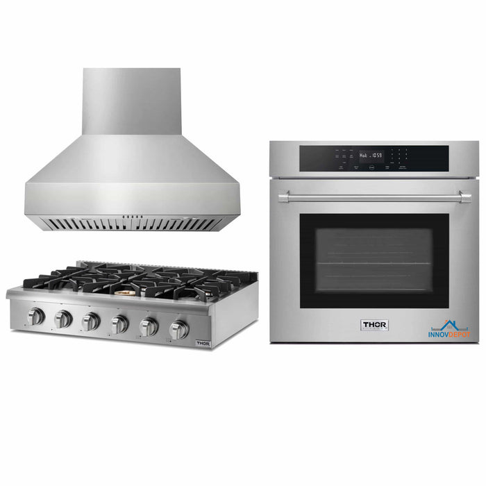 Thor Kitchen 3-Piece Pro Appliance Package - 36-Inch Rangetop, Electric Wall Oven & Pro-Style Wall Mount Hood in Stainless Steel