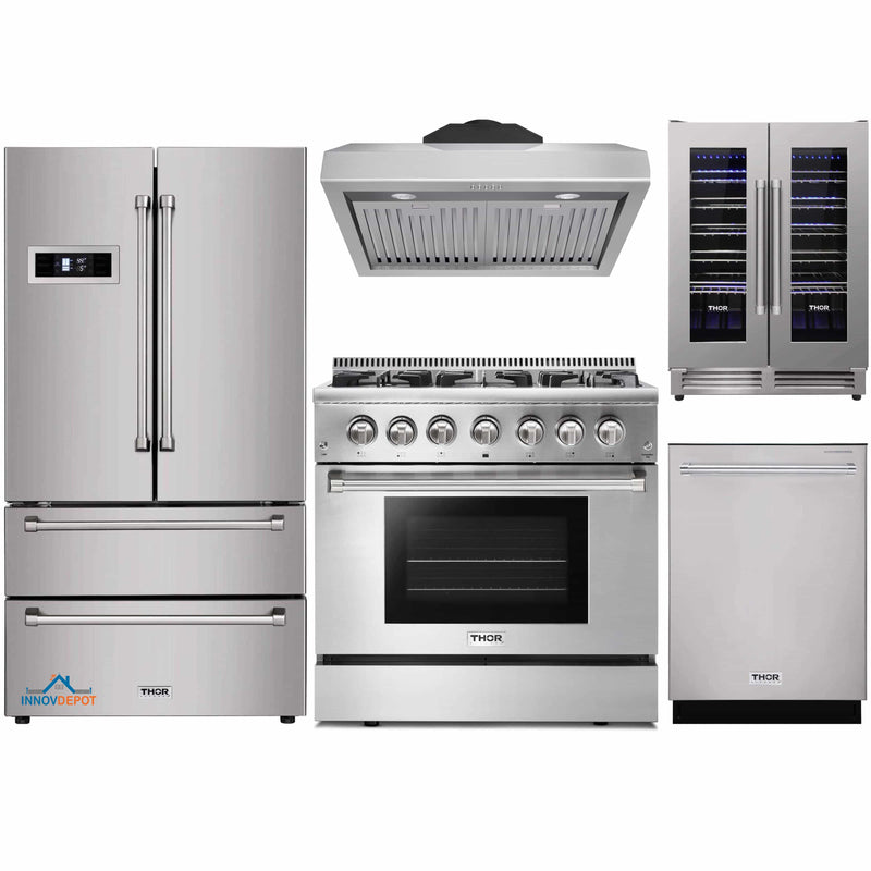 Thor Kitchen 5-Piece Pro Appliance Package - 36-Inch Dual Fuel Range, Refrigerator, Under Cabinet Hood, Dishwasher, and Wine Cooler in Stainless Steel