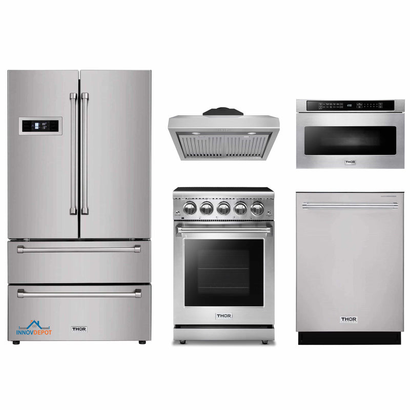 Thor Kitchen 5-Piece Appliance Package - 24-Inch Electric Range, Refrigerator, Under Cabinet Hood, Dishwasher, and Microwave Drawer in Stainless Steel