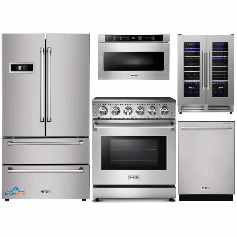 Thor Kitchen 5-Piece Appliance Package - 30-Inch Electric Range, Refrigerator, Dishwasher, Microwave Drawer, & Wine Cooler in Stainless Steel