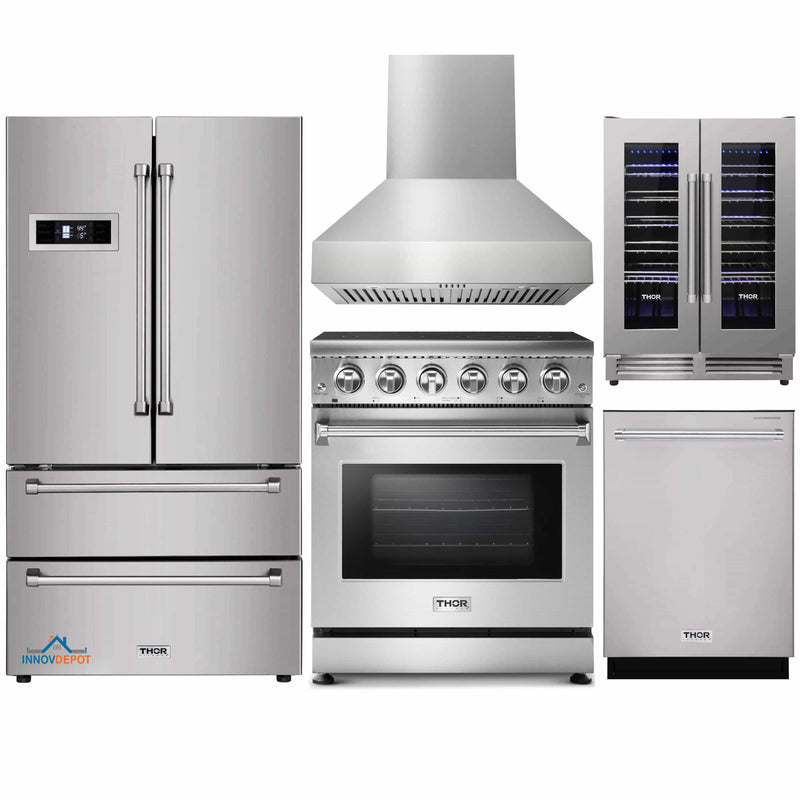 Thor Kitchen 5-Piece Appliance Package - 30-Inch Electric Range, Refrigerator, Pro-Style Wall Mount Hood, Dishwasher, & Wine Cooler in Stainless Steel