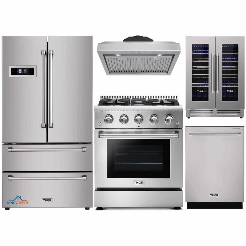 Thor Kitchen 5-Piece Pro Appliance Package - 30-Inch Gas Range, Refrigerator, Under Cabinet Hood, Dishwasher, and Wine Cooler in Stainless Steel