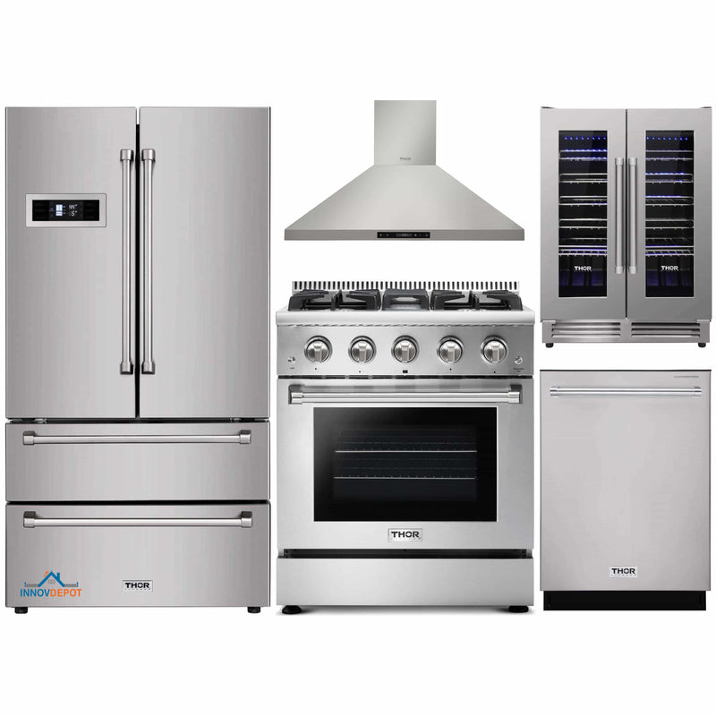 Thor Kitchen 5-Piece Pro Appliance Package - 30-Inch Gas Range, Refrigerator, Wall Mount Hood, Dishwasher, and Wine Cooler in Stainless Steel