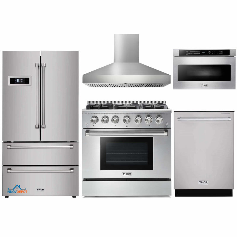 Thor Kitchen 5-Piece Pro Appliance Package - 36-Inch Gas Range, Refrigerator, Pro-Style Wall Mount Hood, Dishwasher, and Microwave Drawer in Stainless Steel
