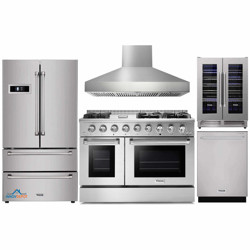 Thor Kitchen 5-Piece Pro Appliance Package - 48-Inch Gas Range, Pro Wall Mount Hood, Refrigerator, Dishwasher, and Wine Cooler in Stainless Steel