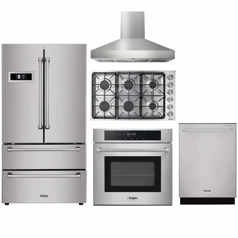 Thor Kitchen 5-Piece Pro Appliance Package - 36-Inch Gas Cooktop, Electric Wall Oven, Wall Mount Hood, Dishwasher, & Refrigerator in Stainless Steel