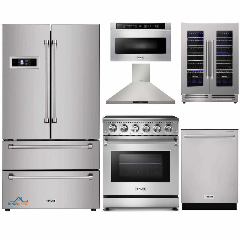 Thor Kitchen 6-Piece Appliance Package - 30-Inch Electric Range, Refrigerator, Wall Mount Hood, Dishwasher, Microwave Drawer, & Wine Cooler in Stainless Steel