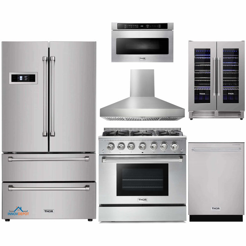 Thor Kitchen 6-Piece Pro Appliance Package - 36-Inch Gas Range, Refrigerator, Pro-Style Wall Mount Hood, Dishwasher, Microwave Drawer, & Wine Cooler in Stainless Steel