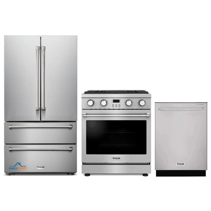 Thor Kitchen 3-Piece Appliance Package - 30-Inch Gas Range, Refrigerator, and Dishwasher in Stainless Steel