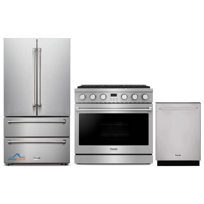 Thor Kitchen 3-Piece Appliance Package - 36-Inch Gas Range, Refrigerator, and Dishwasher in Stainless Steel